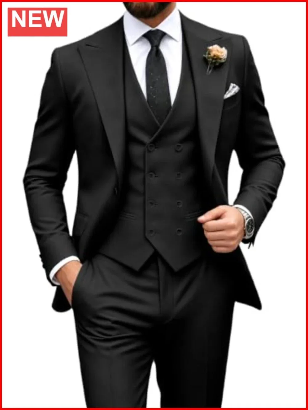 Men's 3 Piece Double Breasted Slim Fit Suit Formal Wedding Tuxedo